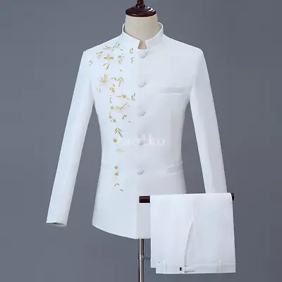 Men Embroidery Formal Dress 2Pcs Suit Coat Pants Stand Collar Single Breasted • $108.79