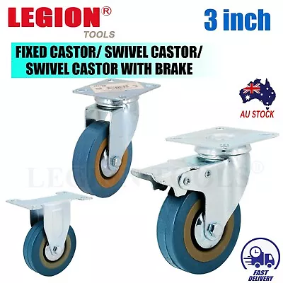 Castor Wheels 3  75mm 3 Inch Heavy Duty Fixed/Swivel/Brake Caster Grey Rubber • $24.50