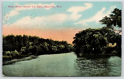 Mayville Wisconsin~Sun Rises Over The Rock River Above Dam~1914 Postcard • $5.25