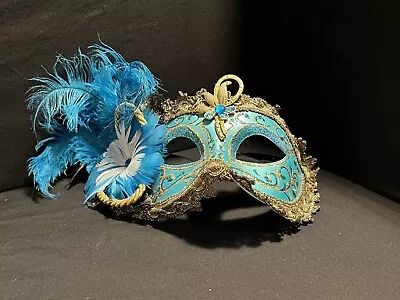 Halloween Mask Venezia Italy Hand Painted Face Mask Blue Gold W/feathers • $15