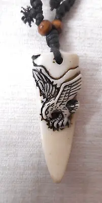 Imitation Yak Bone Carved Flying Eagle Style Necklace On A Black Cord Biker Teen • $8.88