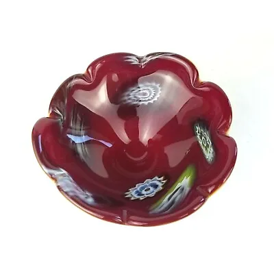 Murano Art Glass Bowl With Millefiori Spirals Ruby Red With White Bottom 6.75 In • $54.97