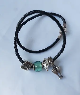 $70 • Buy Pandora 925ALE Double Woven Leather 34cm Bracelet With 4 X 925ALE Retired Charms