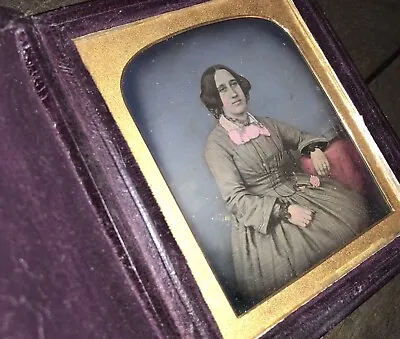 Hand Tinted Color Daguerreotype Of Woman Holding Flower Leather Case Sealed • $1266.49