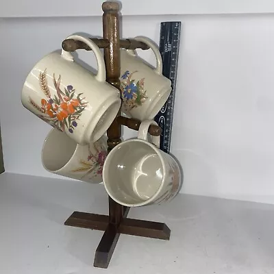 Vintage Wooden 4 Coffee Cup Mug Holder Tree Rack 12  Tall W/ Coffee Mugs • $12