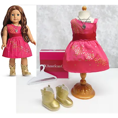 NEW American Girl Doll Saige's SPARKLE DRESS OUTFIT Necklace Gold Cowboy Boots! • $111.34