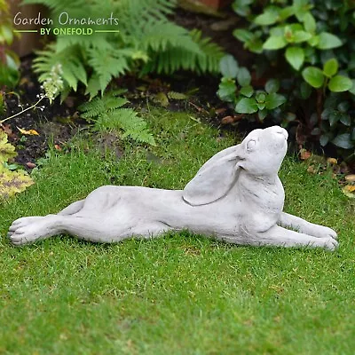 Moon Gazing Hare Reclining Hand Cast Stone Outdoor Garden Ornament Statue Gift • £67.90