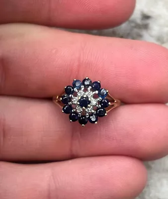 9ct Gold Sapphire & Diamond Large Vintage Cluster Ring • $8.21