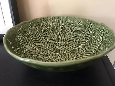 Olfaire Portugal Pottery Large Serving Bowl Green Embossed Fern Leaf 10.5  MINT • $48