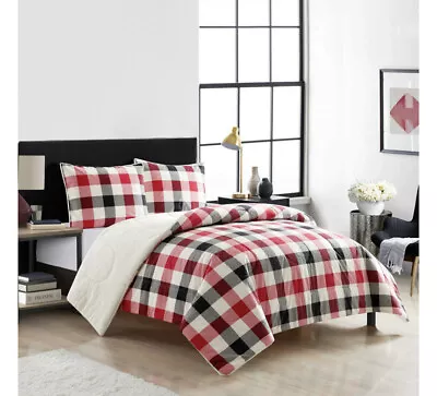 Mainstay Reverse To Sherpa  Comforter Set  King Size 3 Pieces Red Plaid • $24.97