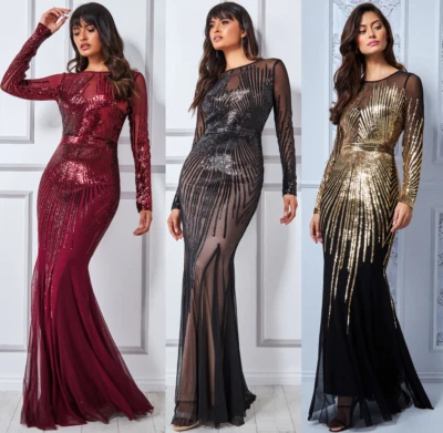 Goddiva Shooting Star Sequin Maxi Long Sleeve Formal Evening Dress Prom Party • £89.99