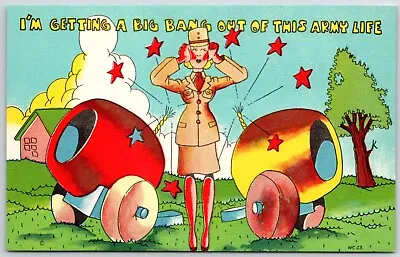 1940s Military Comic Postcard WAC Woman Cannons  Getting A Big Bang  Linen • $5.60