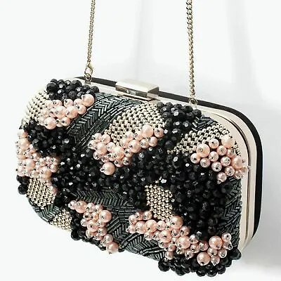 $87 • Buy Zara Black Leather Embellished Beaded Box Clutch Bag Minaudiere Purse Bnwt 
