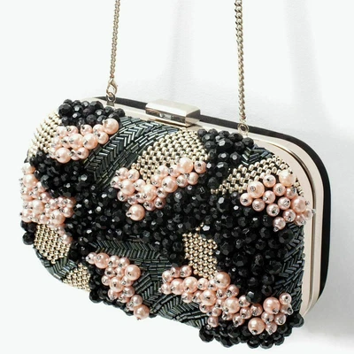 Zara Black Leather Embellished Beaded Box Clutch Bag Minaudiere Purse Bnwt  • $87