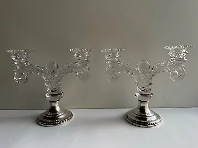 Vintage Pair Sterling Silver & Crystal Candelabra Candle Stick Holder Weighted • $125