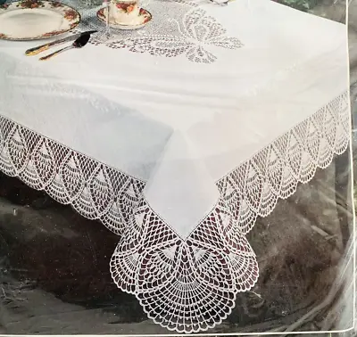 ELRENE Crochet Lace Look BUTTERFLY VINYL TABLECLOTH 60 X 90 White NEW IN PACKAGE • $15.99