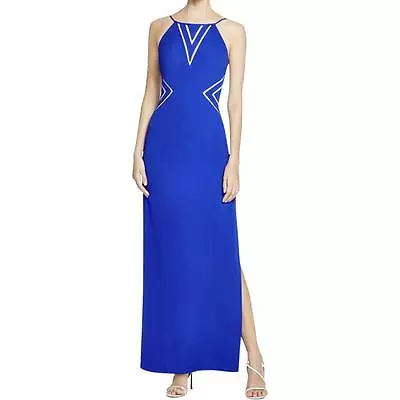 AIDAN MATTOX~ Blue Crepe Mesh Illusion Cutout Side Slit Column Gown 12 NEW $350 • $49.99