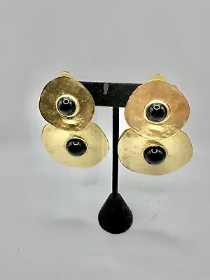 HUGE Gold Disc Statement Earrings With Black Cabochons Les Bernard? • $85