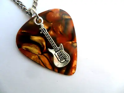 Tiger  Patterned Guitar Pick And Electric Guitar Charm & Chain  Necklace • £3.99