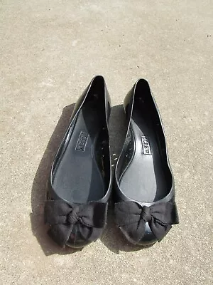 J. Crew Black Plastic Ballet Flats Water Shoes Side Holes Canvas Bow Size 7 • $16.50