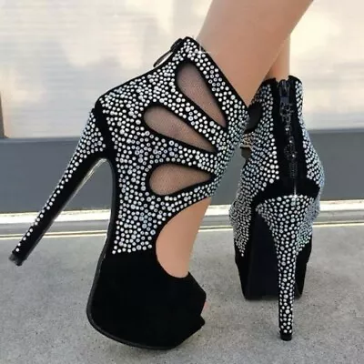 Womens Trendy Glitter Diamante Hollow Out Sandals Pumps High Heels Party Shoes • $66.81