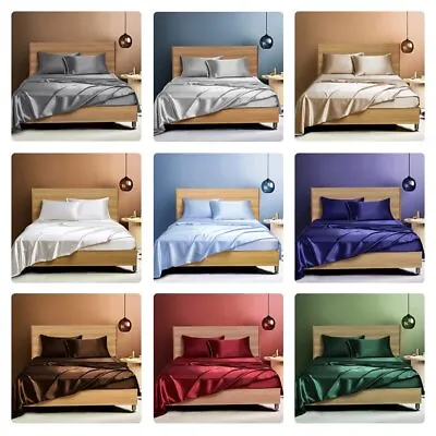 $20.99 • Buy 1800TC 100% Satin Silky Flat Fitted Sheet Set Bed Sheet Sets Queen King Double/S