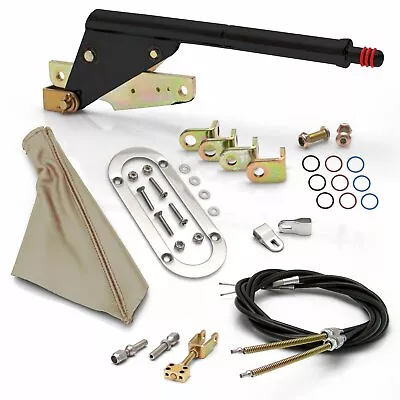 Floor Mnt Black E-Brake HandleTan Boot Chr Ring Cable Kit Ford Clevis • $323.95