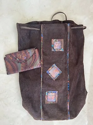 Vintage Pat Smiley Brown Painted BOHO Leather Sling Backpack Beaded Wallet 1980 • $180