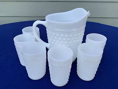 Anchor Hocking Vtg Hobnail Milk Glass Pitcher Set With 6 Tumblers Excellent • $49.99