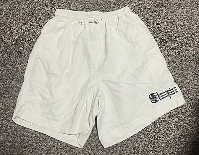 Vntg  Champion Nylon Athletic Shorts Adult Size Small Off White Spellout Soccer • $24.99