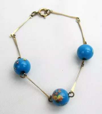 Vintage Blue Millefiori Bead Gold Metal Link Chain 7  Bracelet • $14.99