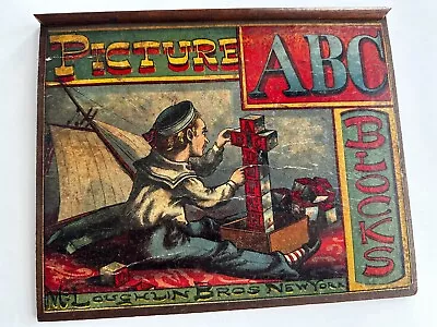 Antique McLoughlin Sailor Boy Motif Litho Child Wood Block Set Box Cover • $45