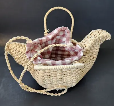 ZARA Chicken Hen Basket Purse Handles And Strap Gingham Drawstring Pouch Insert • $23.39