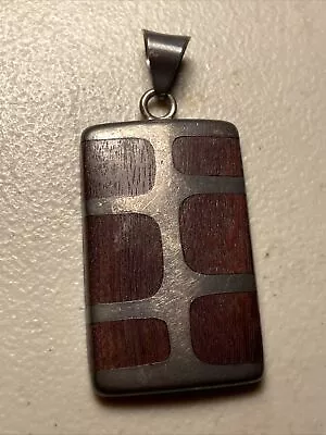 Vintage TAXCO MEXICO Natural Wood & Sterling Silver Modernist QUINTIN V Pendant • $8.50