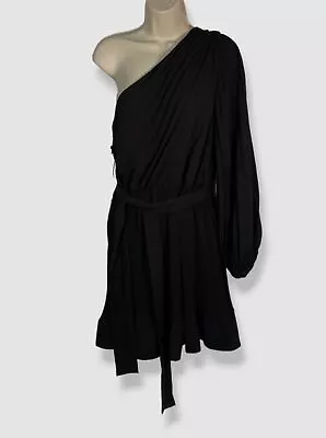 $396 Milly Women's Black Linden Pleated One-Shoulder Flounce Mini Dress Size 12 • $126.78