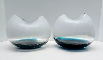 Set Of 2 Hand Blown White & Cobalt Blue Art Glass Table Vases Murano Style Rare! • £65.57