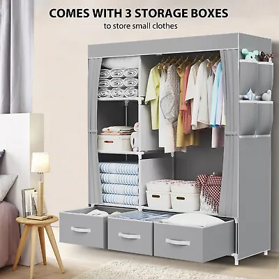 Canvas Wardrobe Clothes Closet With Shelves & Hanging Rail & 3 Storage Boxes UK • £33.99