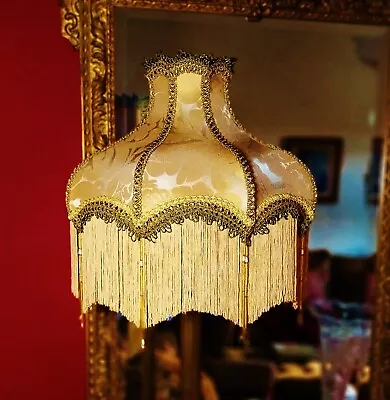  Boudoir  Victorian Downton Abbey  Lampshade Old Gold Damask Glass Beading 16  • £259