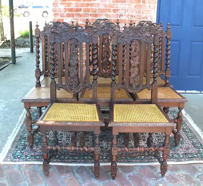 Set Of 8 French Antique Renaissance Louis XIII Oak Caine Seat Dining Chairs • $3200