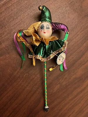 Mardi Gras Porcelain Head Jester Stick Decoration Carnival Green Wand 11” • $19.99