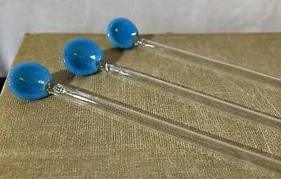 Vintage Blown Glass Swizzle Sticks Blue Shell Cocktail Stir Spoon Straw Barware • $10