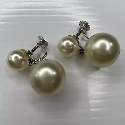 H3 Marvella Silver Screw Back Double Pearls Dangle Boho Mcm 70s Retro Earrings • $7.25