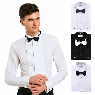 Berlioni Men's Premium Tuxedo Dress Shirt French Convertible Cuffs Bow Tie • $26.66