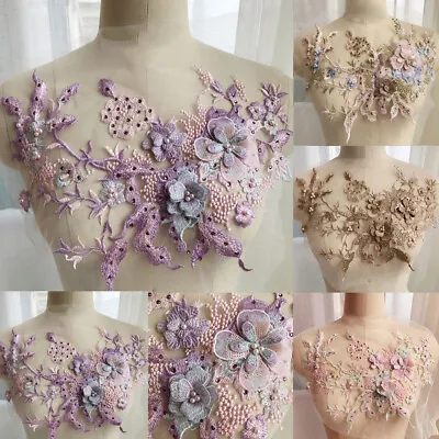 Lace Fabric For Ches 3D Embroidery Applique Beaded Flowers Tulle Rhinestone • $11.26