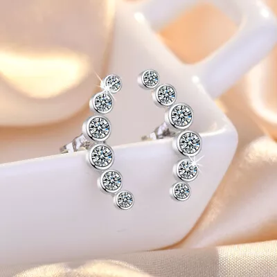 925 Sterling Silver Robover CZ Curve Bar Stud Earrings Women Girl Jewellery Gift • £3.66