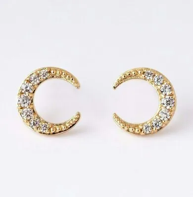 14k Solid Gold Crescent Half Moon Stud Earrings Christmas Gift For Womens • £112.16