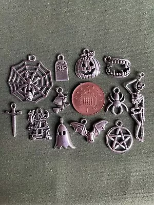 12 Mixed Halloween Charms - Antique Silver - Witch Pentacle Pumpkin Spider Teeth • £3.75