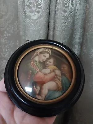 Vintage Art Print Madonna And Child After Raphael Bowed Convex Glass (?) Cover • $39