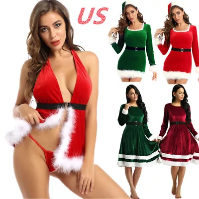 US Women's Velvet Bodycon Fancy Dress Christmas Mrs Santa Claus Cosplay Costumes • $21.68