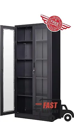 Display Cabinet With Glass Doors Curio Cabinets With 4 Adjustable Shelves Lock • $260.94